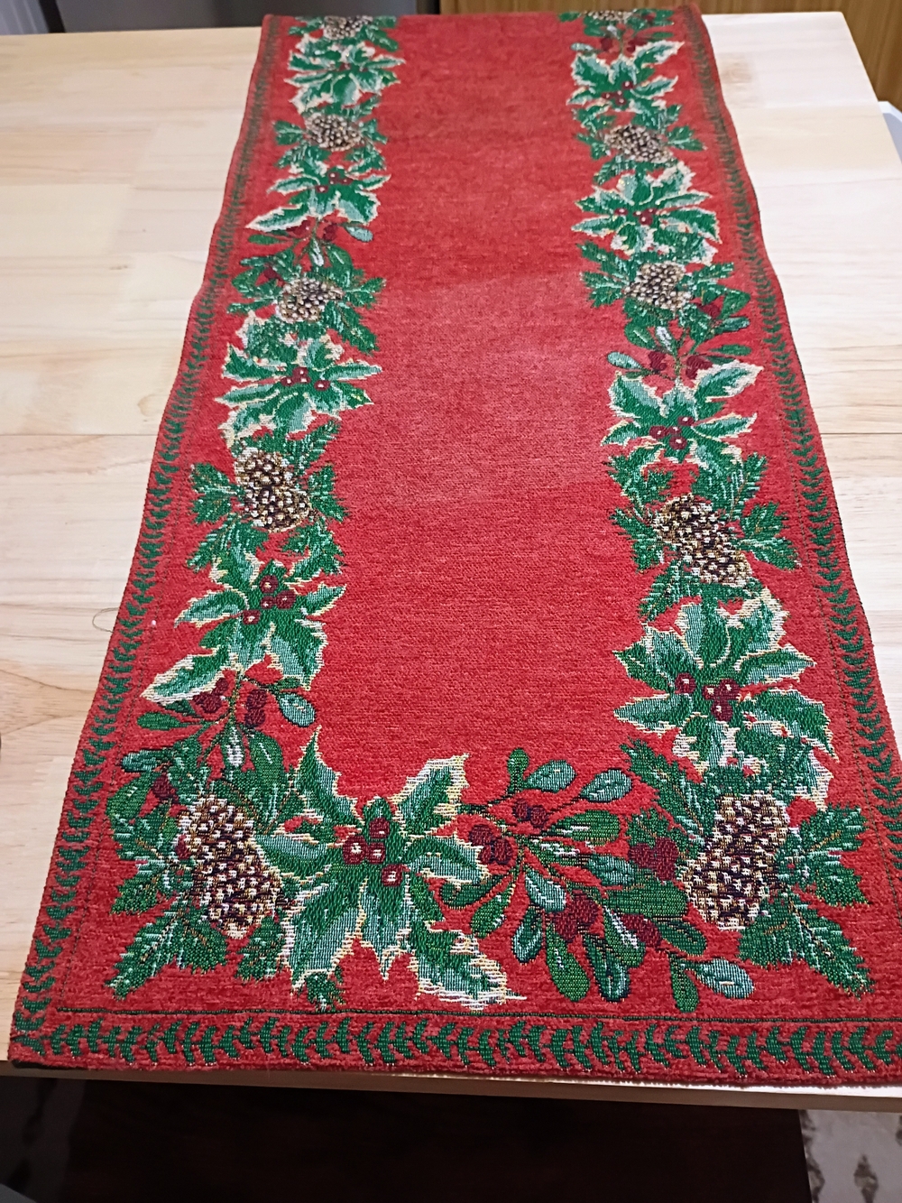 Festive Red Pinecone & Holly Table Runner - Holiday Home
